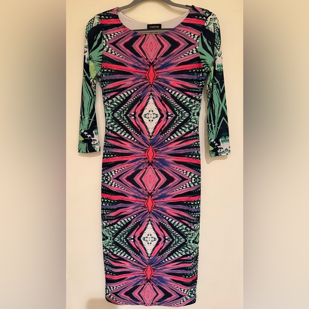 Bebe Pink and Red Bodycon 3/4 Sleeve Dress